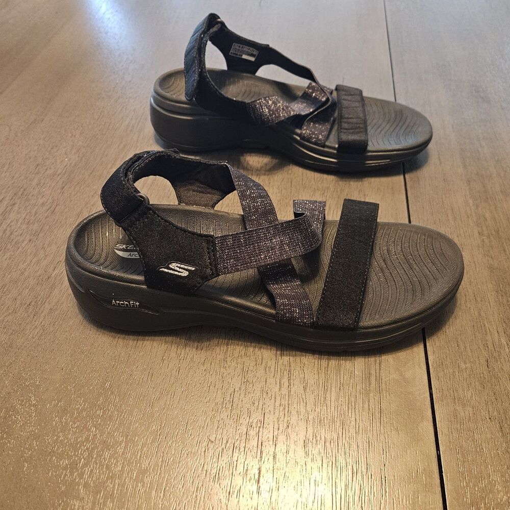 Skechers Women's Go Walk Flex Glimmer Up Sandal Black/Black Size 10 Comfort